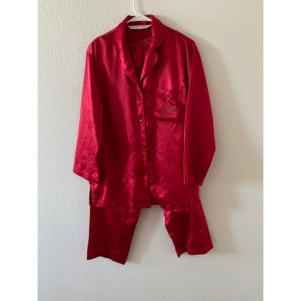 Victoria's Secret Red Satin Pajama Set Embroidered Pocket Small Long Sleeve